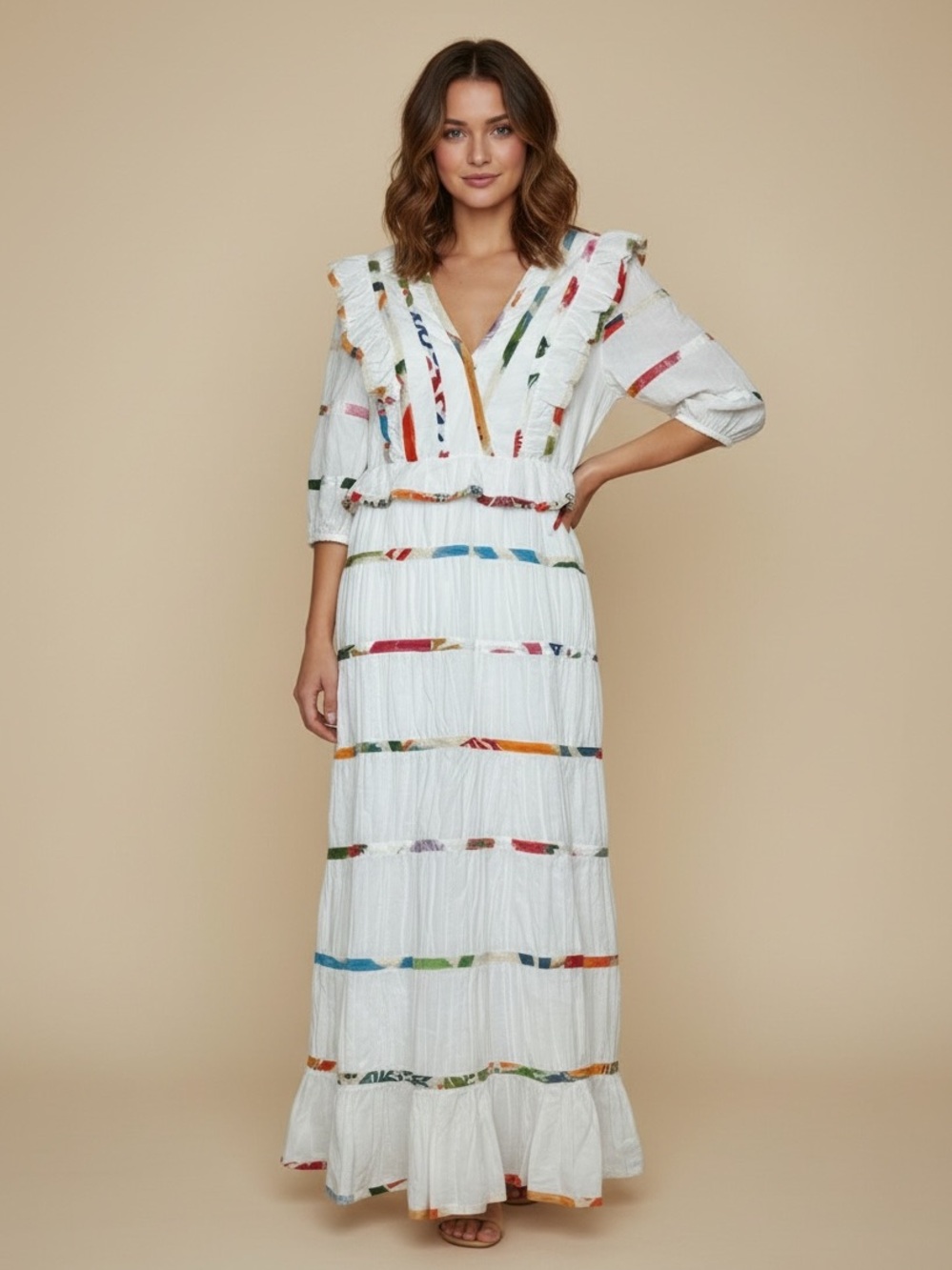 FARM Rio White Maxi Dress with Multicolor Stripe Bands